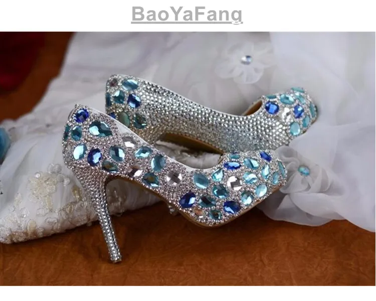 BaoYaFang/женские свадебные туфли со стразами и синими кристаллами на высоком каблуке, модные женские вечерние модельные туфли, роскошные