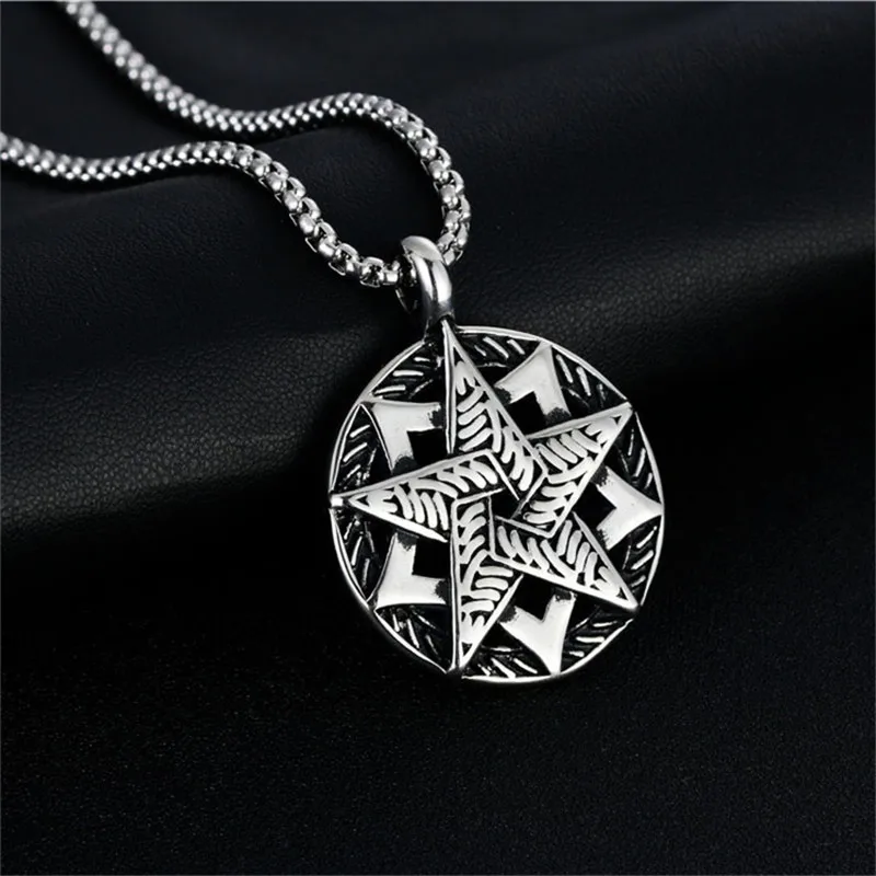 

Vintage Double Pentacle Pentagram Pendant Men Stainless Steel Necklace Silver 24 inch chain