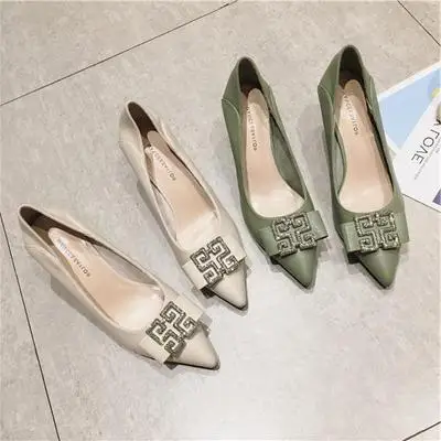 

2019 autumn new fashion retro buckle diamond bow simple high heels