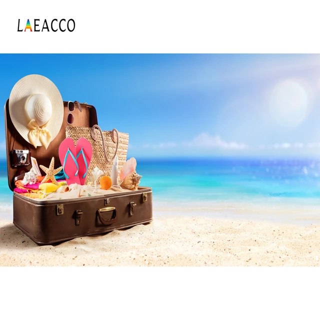 Laeacco Summer Seaside Beach Sunbathing Photography Baby Background Traveling Trunk Scene Photographic Backdrop For Photo Studio