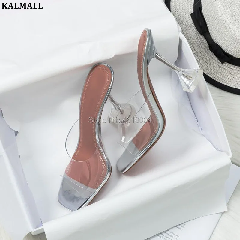 

KALMALL PVC High Heel Mules Square Toe Transparent Sandals Clear Strange Heeled Slip On Lucite Pumps Casual Dress Shoes Women