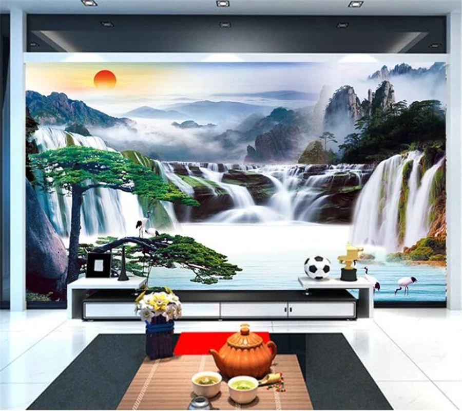 

papel de parede Custom wallpaper 3d mural Chinese welcoming pine pine crane Yannian landscape painting TV background wall paper