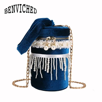 

BENVICHED Trendy Velvet pearl Round Cylinders ladies Casual Tote Handbag Crossbody Mini Messenger Bag For Women Pouch B063