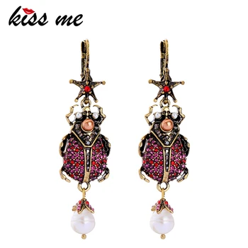 

KISS ME Women Beetle Dangle Earrings Unique Zinc Alloy Vintage Rhinestone Cultured Pearl Earrings Fashion Jewelry
