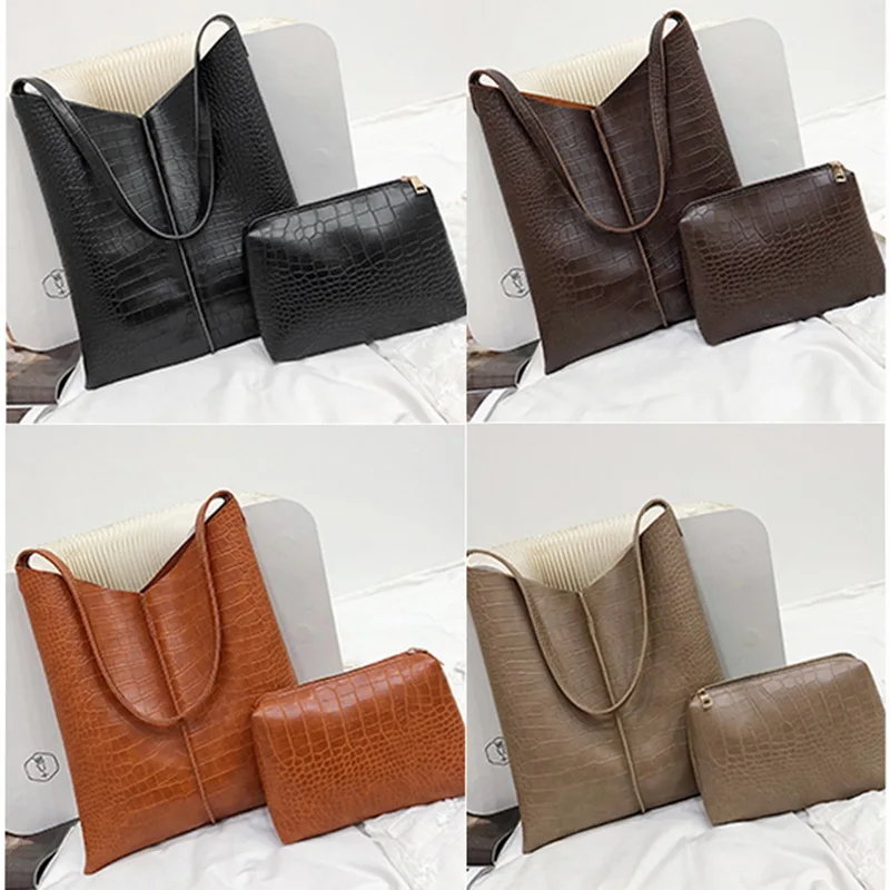 2PC/lot luxury Fashion Leather Crocodile Pattern Versatile Shoulder Wallet Embossing Women Bags Genuine Leather Black Travel