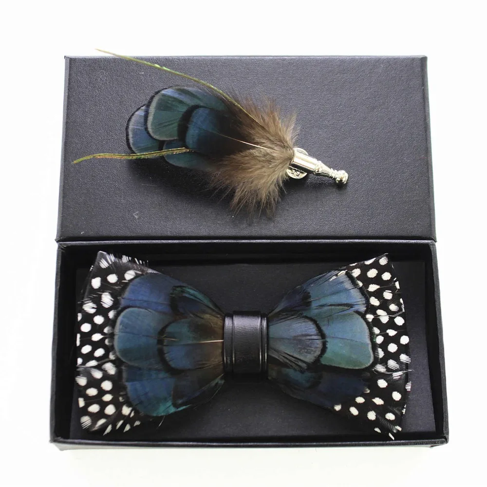 GUSLESON изысканная ручная работа перо брошь для галстука-бабочки булавка набор с подарочной коробкой предварительно завязанный мужской галстук-бабочка для свадебной вечеринки