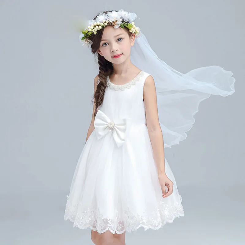 

2017 Summer Girls Wedding Dress Children's Cloth O-Neck Sleeveless Party Princess Kids Clothing 8 Year Wedding Vestido With Bow