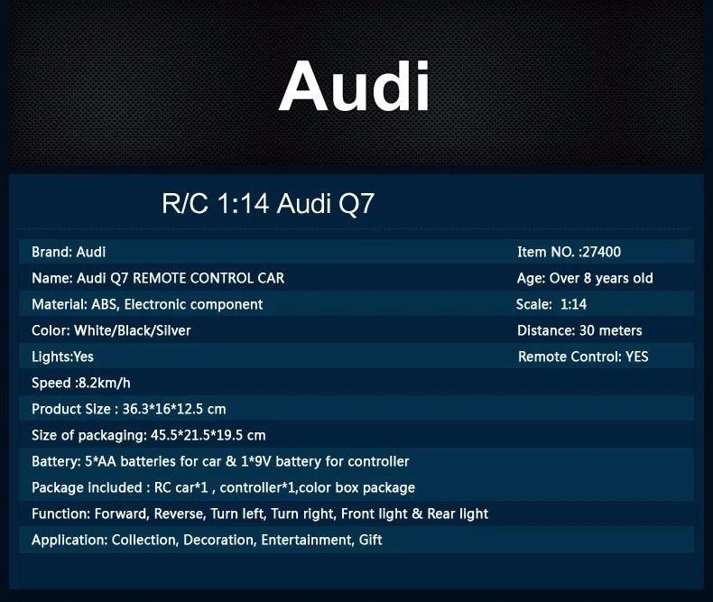 Rastar лицензированный R/C 1:14 Audi Q7 игрушечные машинки с пультом дистанционного управления 27400