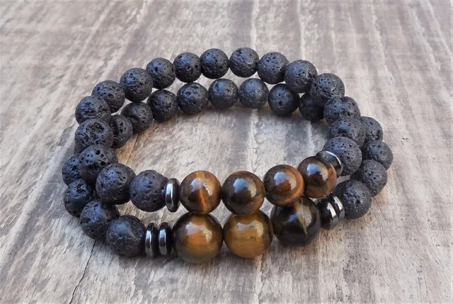 2 Pc Ensemble Naturel Pierre 8 MM Oeil de Tigre Lava Pierre Bracelet Distance Bracelet Couple