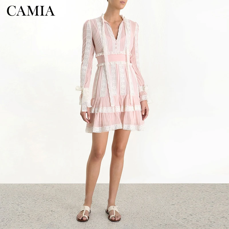 

CAMIA pink lace mini dress ZIM dress new sweet style bow high waist stand collar stitching dress