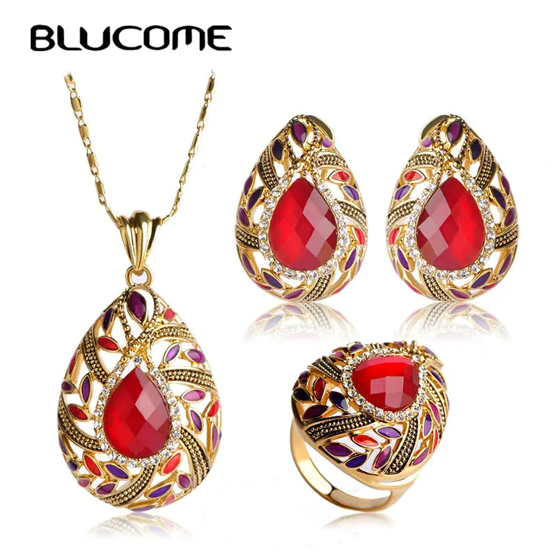 Blucome Red Water Drop Shape Jewelry Sets Resin Necklace Earrings Ring Set Pendant Crystal Antique Gold-color Women Lady Bijoux