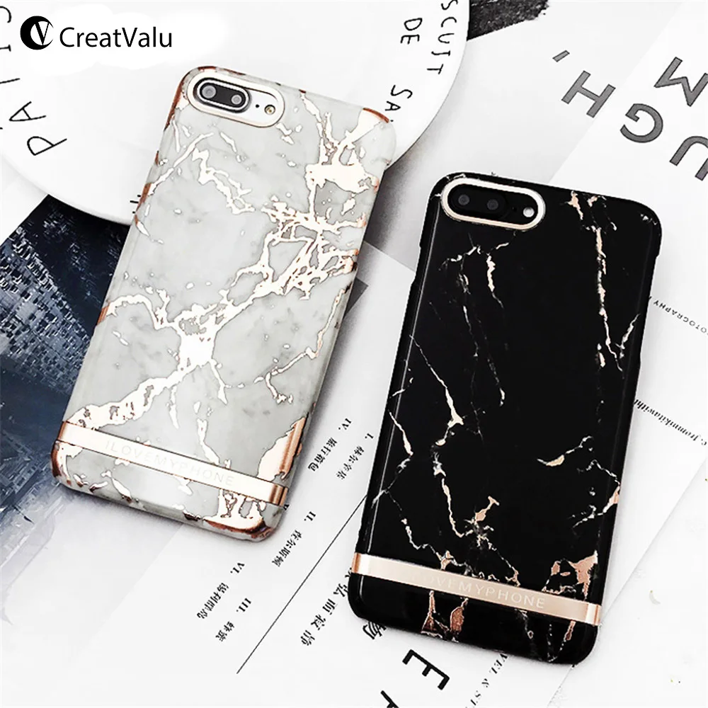CreatValu Case for iPhone 7 Plus Rose Gold Abstract Marble Pattern Hard