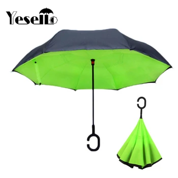 

Yesello Folding Reverse Umbrella Double Layer Inverted Windproof Rain Car Umbrellas For Women Green C Handle Umbrella