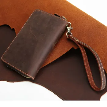 

2018 Luxury Real Genuine Leather Purse Men's Clutch Wallets Handy Bags Business Wallet Women Zipper Wristlet Strap Handmade