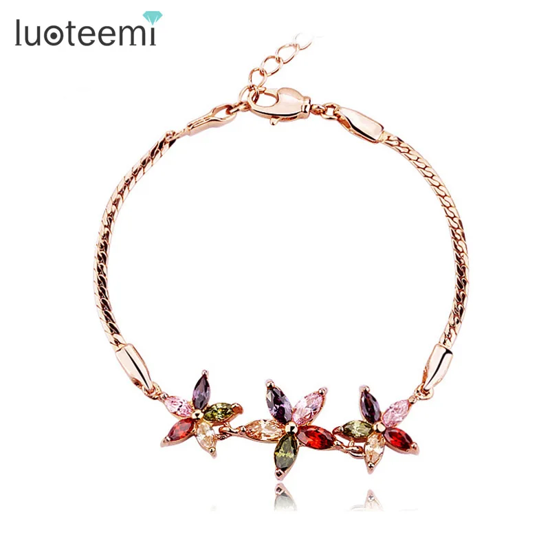 

LUOTEEMI Brand Summer Flower Bracelet Women Fashion Rose Gold Color AAA Multicolor CZ Flower Zircon Chain Bracelet Bangles S003