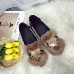 MoBeiNi/обувь с лисьим мехом; женская обувь; сезон осень-зима; Новинка 2018 года; бархатная обувь на плоской подошве; обувь в горошек; обувь из