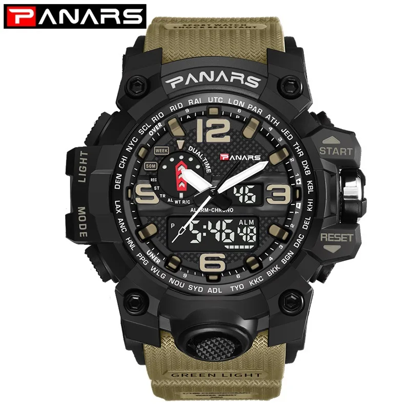PANARS армейские военные спортивные мужские часы, многофункциональные часы с будильником и часовым поясом, водонепроницаемые цифровые часы с двойным дисплеем для мужчин 8202