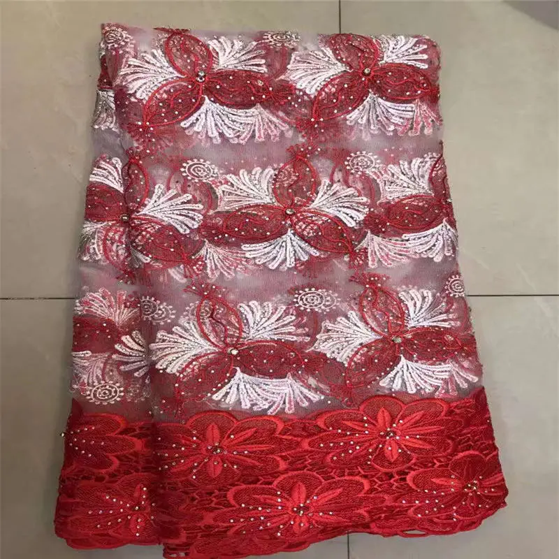 High Quality African Lace Fabric For Wedding 2017 Embroidered France Mesh Fabrics Multicolor Nigerian Red + White | Дом и сад