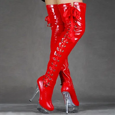 Модные супер сексуальные сапоги до бедра на высоком каблуке 15 см высокие сапоги 6 дюймов тонкие ремешки