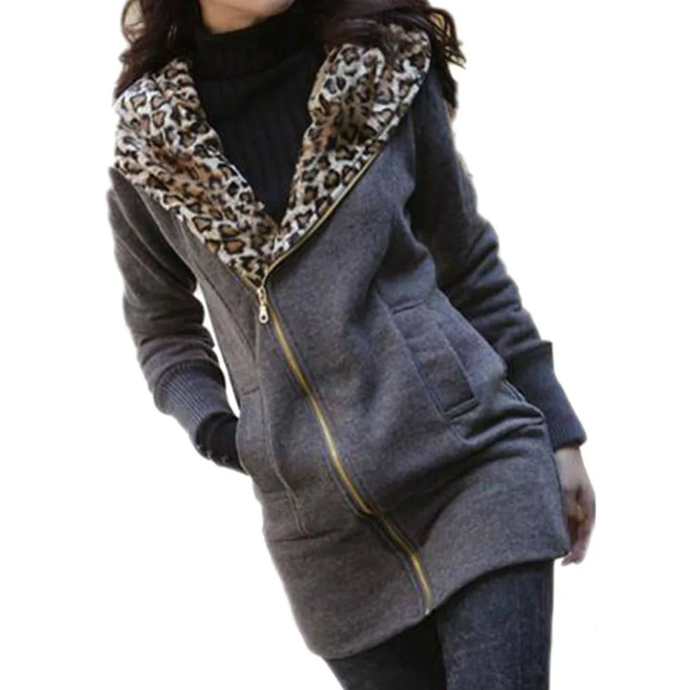 Женская осенняя и зимняя повседневная толстовка на молнии с капюшоном, Женская леопардовая куртка с длинным рукавом, пальто, теплый свитер
