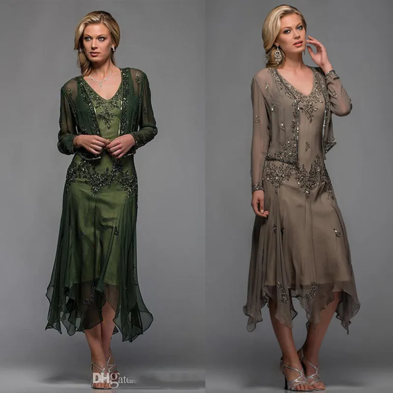 

Scala Tea Length Mother of The Bride Dresses with Bolero Appliques and Beaded V Neck A Line Evening Gowns Plus Size