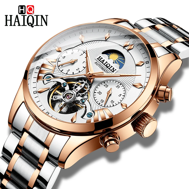 HAIQIN الرجال ساعات آلية التلقائي الأعمال التقويم ساعة اليد للماء الفولاذ المقاوم للصدأ الرياضة ووتش الرجال reloj hombre