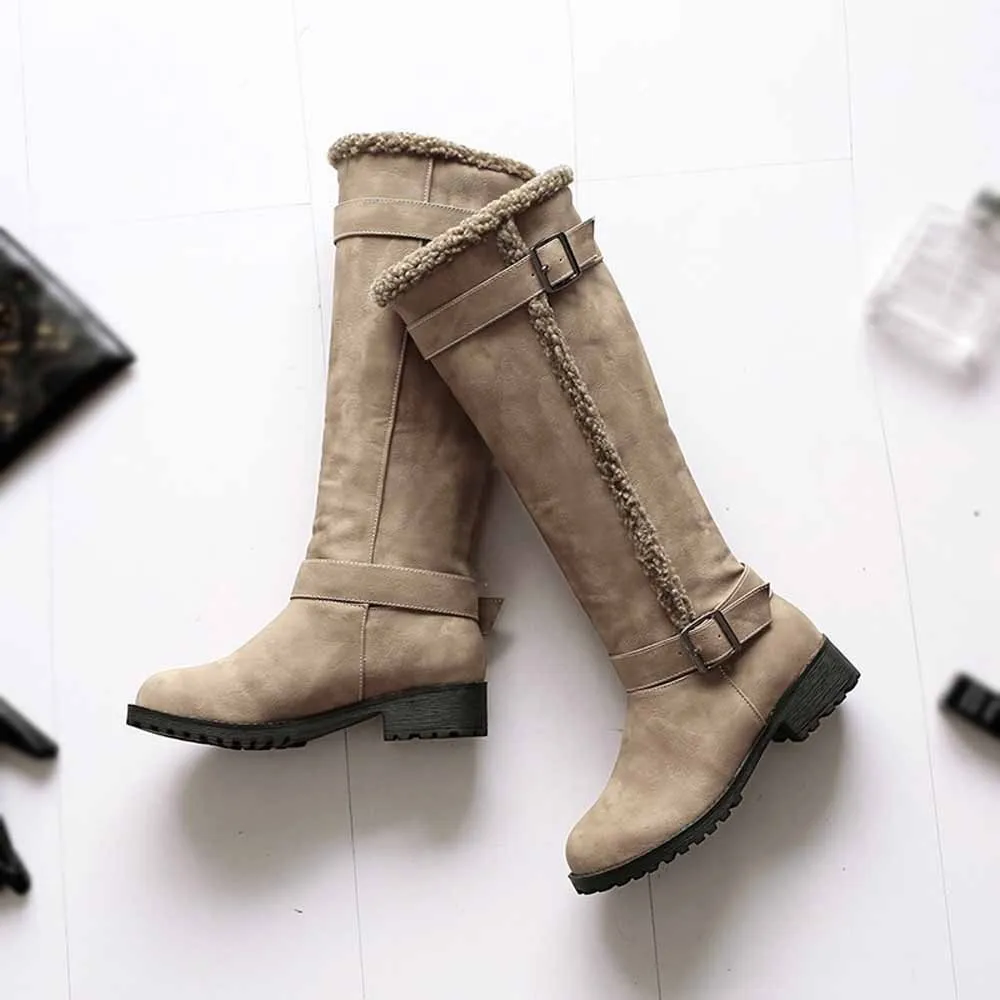 Motorcycle Boots Suede For Women Winter Boot Long Tube Stylish Mid Heels Warm Fur Knee-High Shoes Buckle Strap Riding Botas