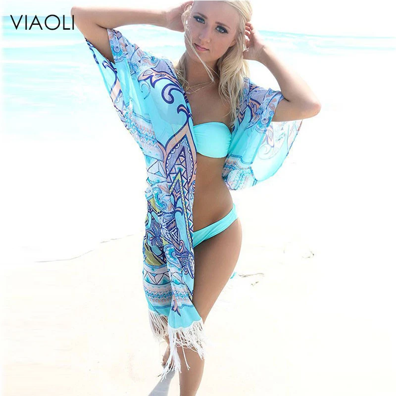 VIAOLI New Chiffon Beach Cover Up Long Tassel Beach Cardigan Feminino Swim suit Printed Bathing Suit Cover Ups Pareo Beach Tunic