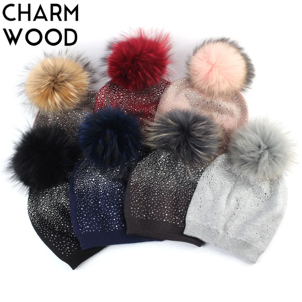 

Women's Beanie Hat with Raccoon Pompom Winter Warm Cashmere Knitted Rhinestone Slouchy Beanie Hat for Femme Skullies DQ876C