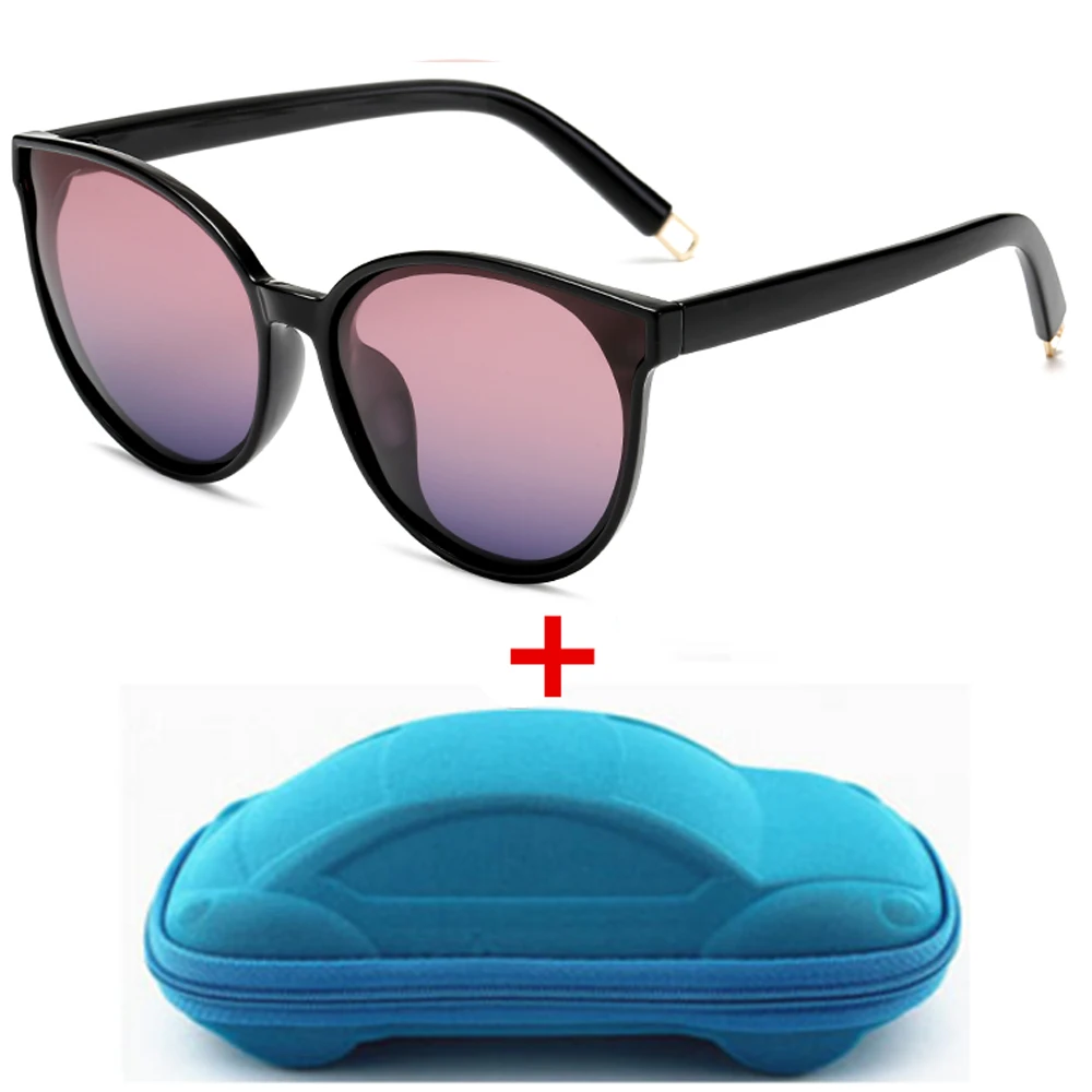 Pink Grey lens Винтажные Поляризованные в форме кошачего глаза очки детские с чехлом для маленьких мальчиков и девочек зеркальные солнцезащитные очки детские праздничные подарочные очки UV400 - Цвет линз: Pink Grey lens