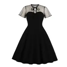 Женское плиссированное платье с высокой талией, с коротким рукавом, в горошек, Хепберн, Ретро стиль, одноцветное платье, вечерние, черные, кружевные платья, женское летнее платье