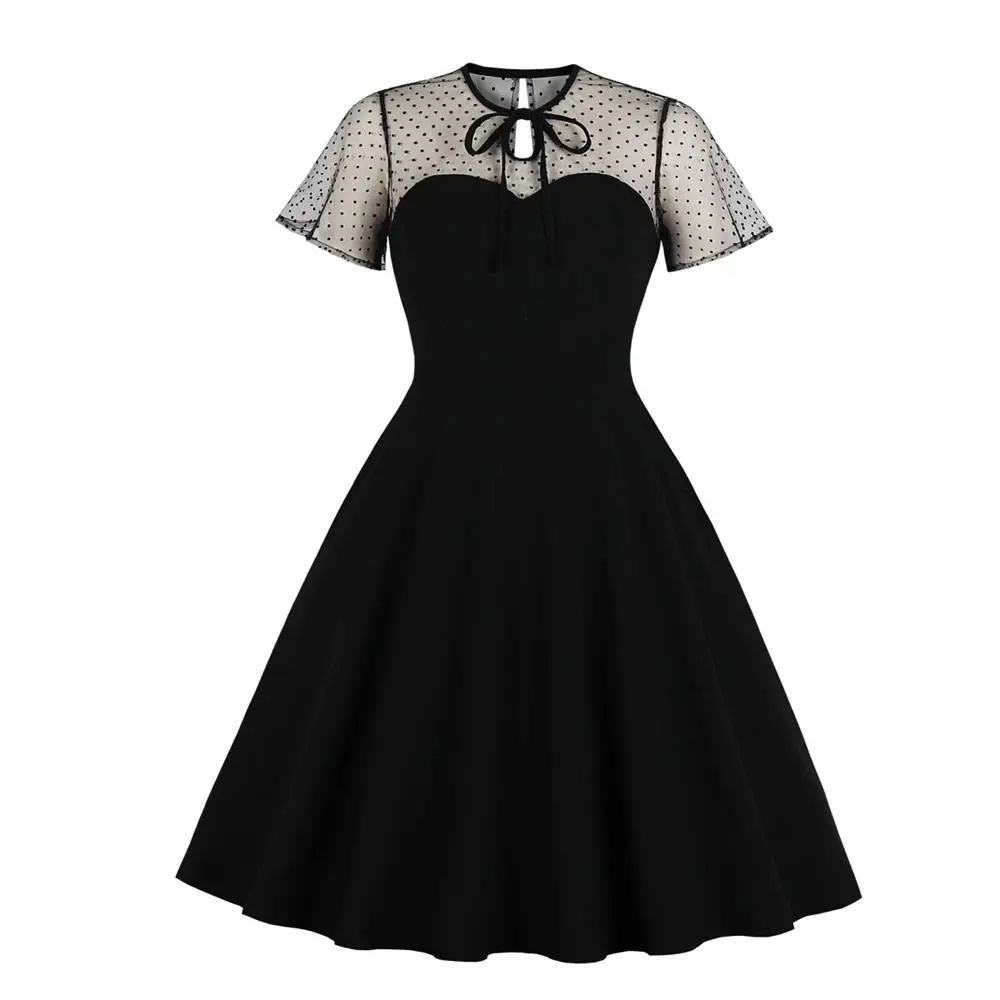 

Rockabilly Dress Pin Up Dress robe vintage Women Summer Dress Casual 2019 Party Black Lace Dresses Short Sleeve Hollow Out Jurk