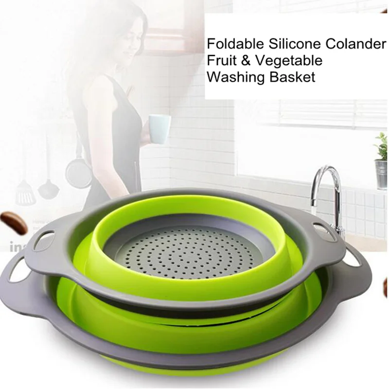 

2 Size Foldable Silicone Colander Fruit Vegetable Washing Basket Strainer Collapsible Drainer Strainer With Handle Kitchen Tools