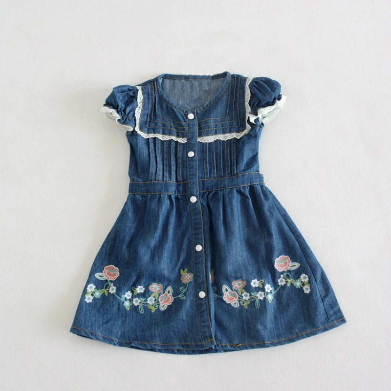 

Hot children's clothing 3D flower baby girls dress cowboy kids lace casual princess dresses bebe fashion denim dress bib