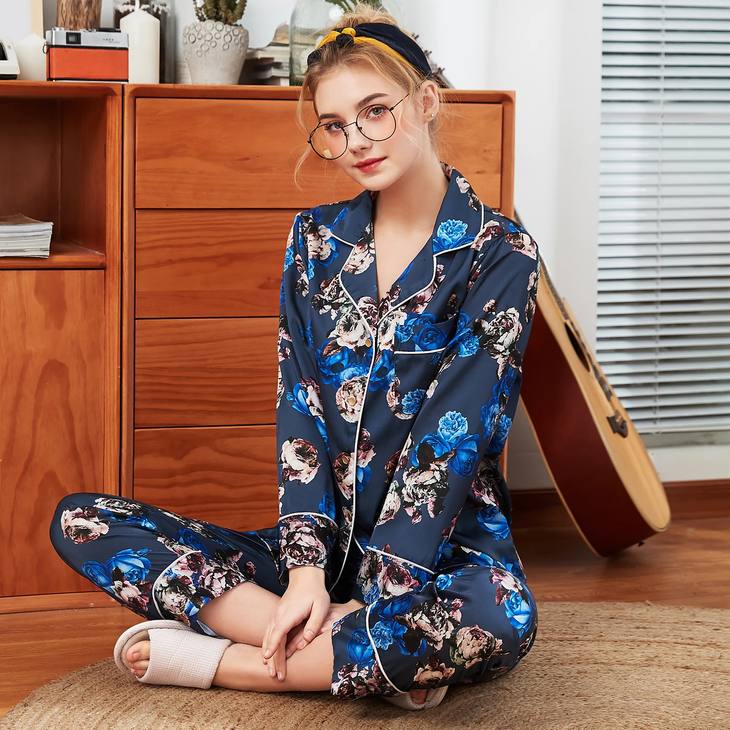 

Summer NEW Flower Women Long SLeeve Home Clothing Print faux silk Pajamas Suit Elegant T-Shirt Pant 2PCS Nightwear Sleep Shirt