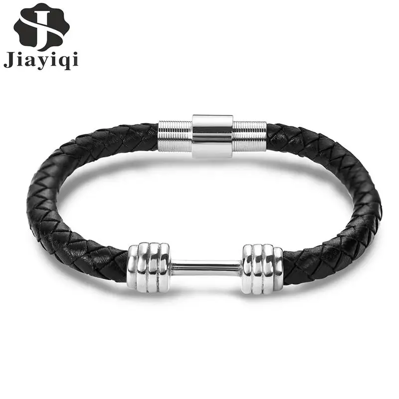 

Jiayiqi Unique Dumbbell Men Leather Bracelet Black Braided Bangle Fashion Male Jewelry Wristband Stainless Steel Accessory Gifts