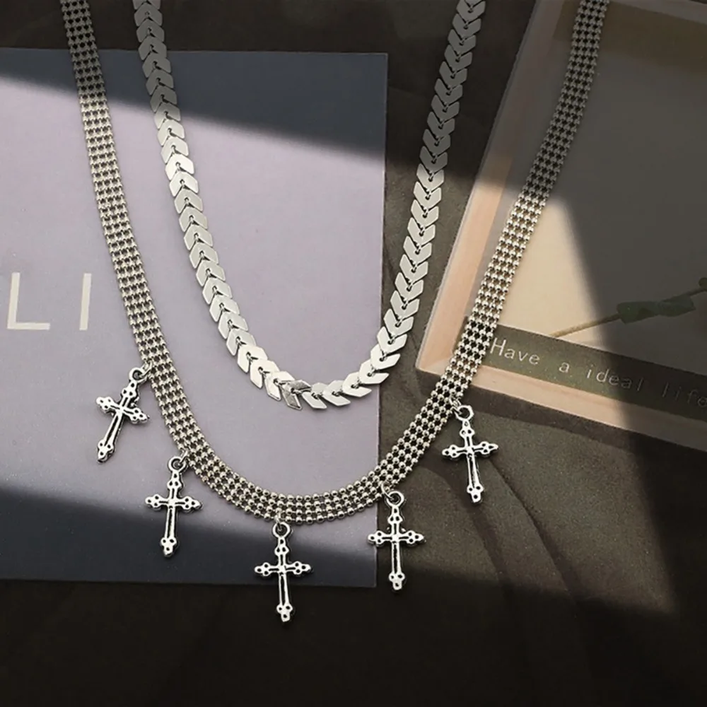 Модные женские крест кулон Двухслойное золотое ожерелье-чокер с серебряной цепочкой ожерелье ювелирные изделия в стиле "Бохо" подарок#263540