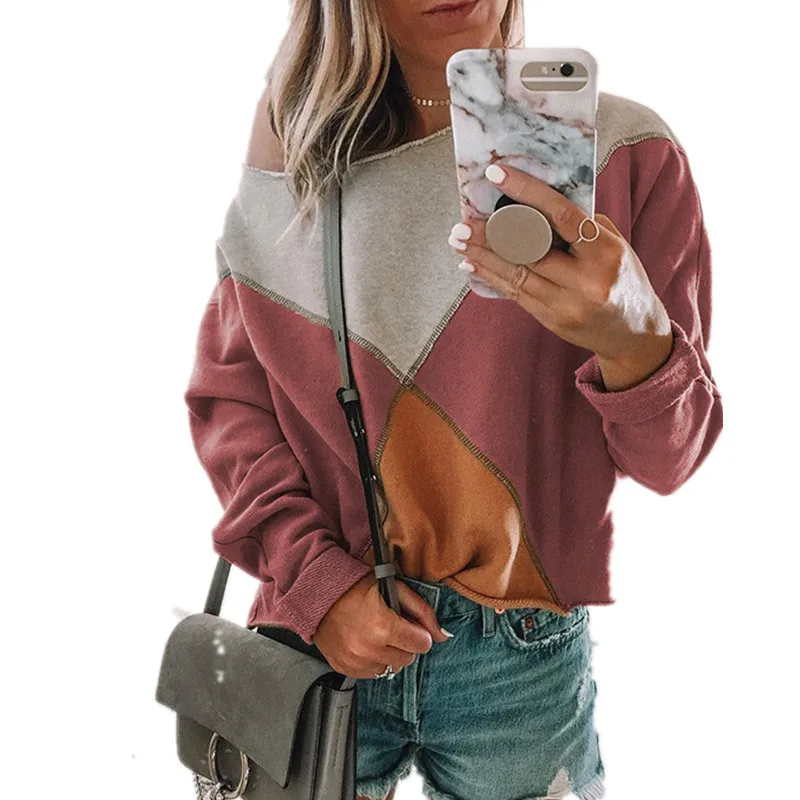 

LOSSKY Patchwork Women's Hoodies Casual Off Shoulder Long Sleeve 2018 Autumn Winter Pullover Jumper Sexy Hoody Tops Sweatshirt