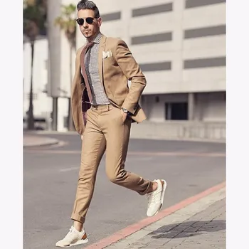 

2018 New Design Khaki Brown Beach Men Suit Slim Fit 2 Piece Tuxedo Prom mens Suits Custom Groom Blazer Masculino Jacket+Pant