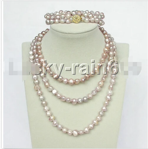 

stylish 49" 8-9mm baroque purple pearls necklace 2row bracelet set e1461 (A0423) -Top quality free shipping