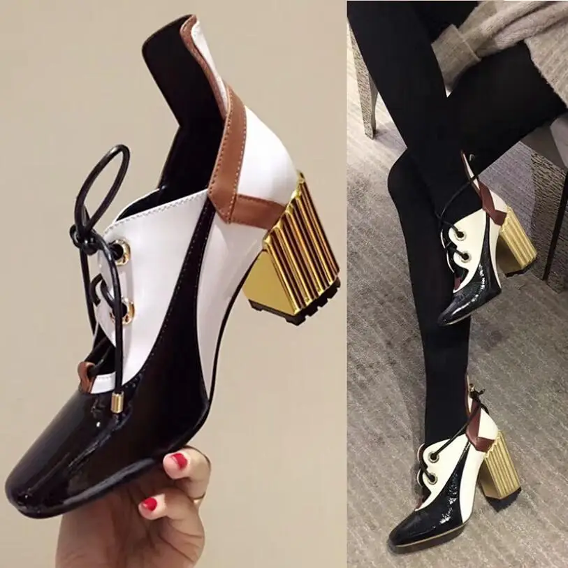 

2018 spring women new fashion super high heel mixed color pumps female genuine leather lace up butterfly-knot chunky heel shoes