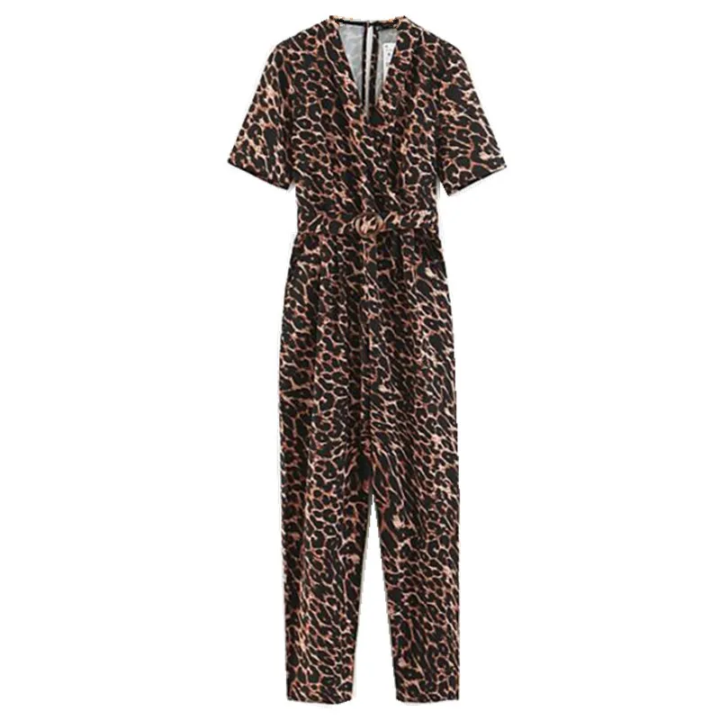 2019 Retro Cross V neck Backless Leopard Jumpsuit Woman Short sleeve Buckle Sashes Full Length Pants Rompers Belt Bodysuits | Женская