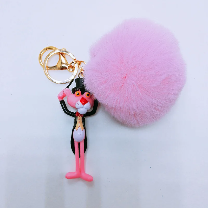 Китай плюшевый брелок для ключей простой с меховыми помпонами для буфами на рукавах кулон с помпонами из настоящего кроличьего меха Розовая пантера Kawaii брелок для машины, сумки, ключей игрушка