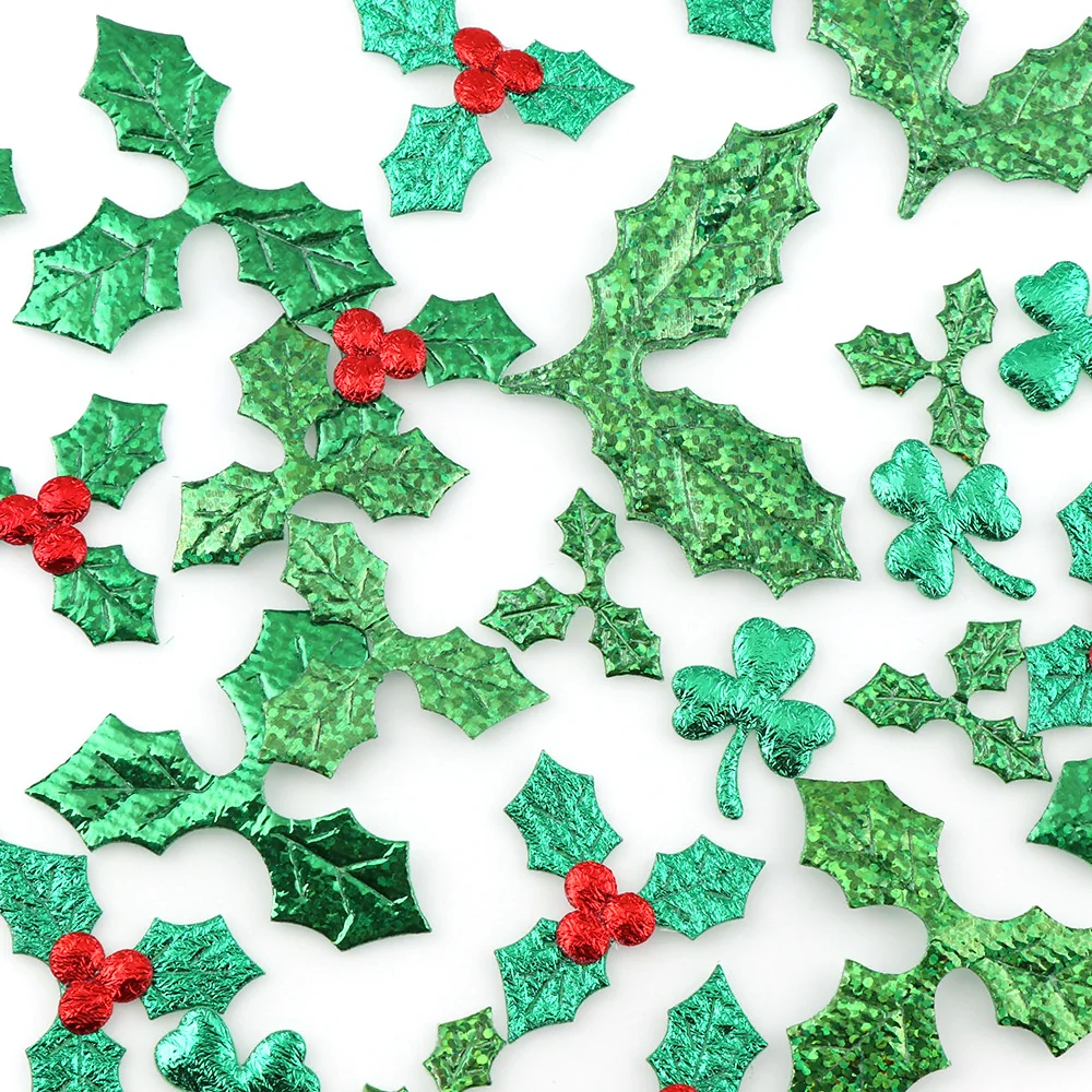 Christmas Tree Decoration 100 Pcs Fabric Laser Shiny Sequins Red Fruit Green Leaves DIY Art Fabric Accessory