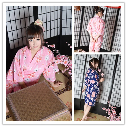 Очень милое японское кимоно юката блузка+ шорты Kawaii Rabbit& Sakura Patter одежда для сна, одежда для дома косплей свободный размер розовый и синий