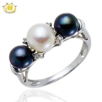 

HUTANG 100% Natural Black White Freshwater Cultured Pearl Solid 925 Sterling Silver Ring Fine Jewelry for Womens Birthday gift