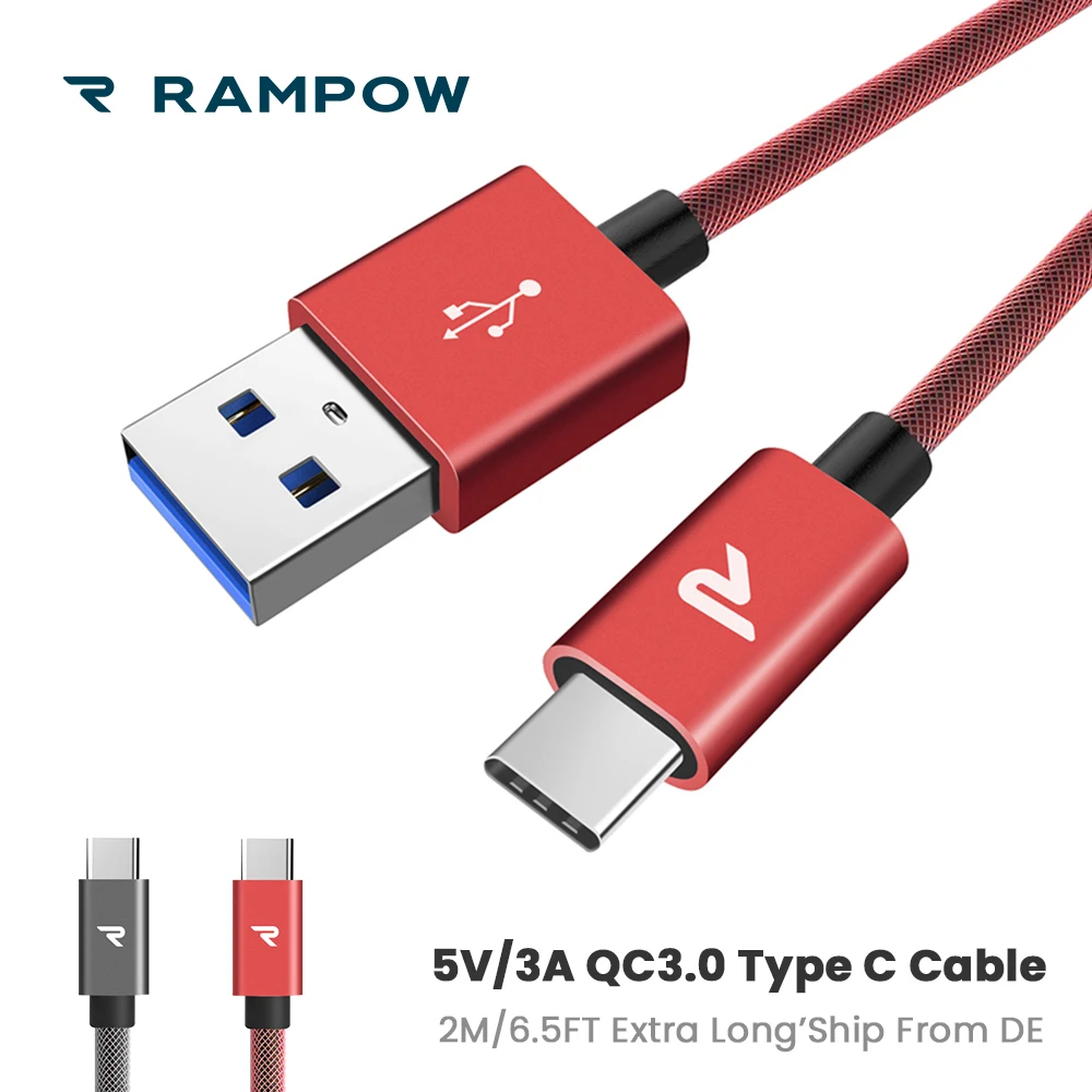 

[Lifetime Warranty] RAMPOW Type C Cable Fast Charging for Samsung S9, 5V/3A Fishnet USB C Cable for Huawei P20 lite,Xiaomi mi 8