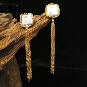 

Pearl Earrings With 14KGF Earrings Square Pearl Long Earrings Tassel