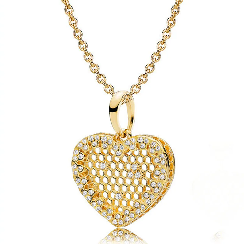 

New 925 Sterling Silver Necklace Openwork Gold Color Shine Honeycomb Lace Necklace For Women Wedding Gift Pandora Jewelry