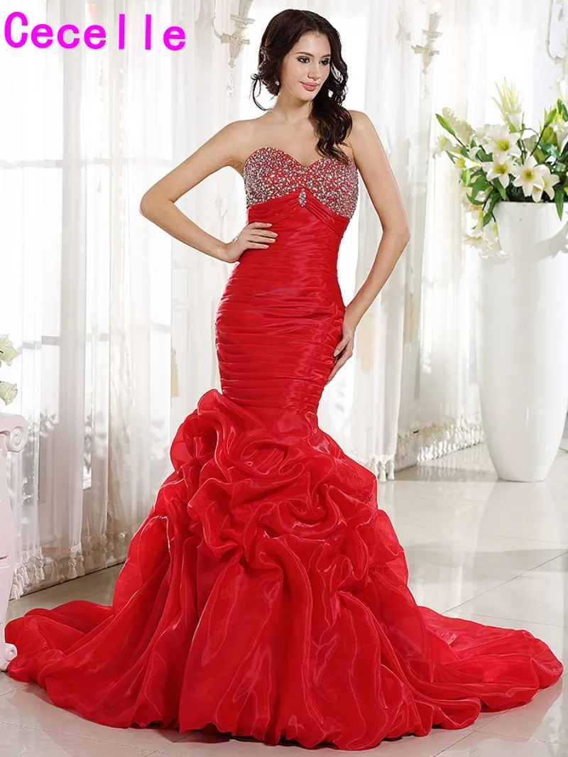 2019 Real Red Mermaid Long Wedding Dresses Sweetheart Pleats Organza